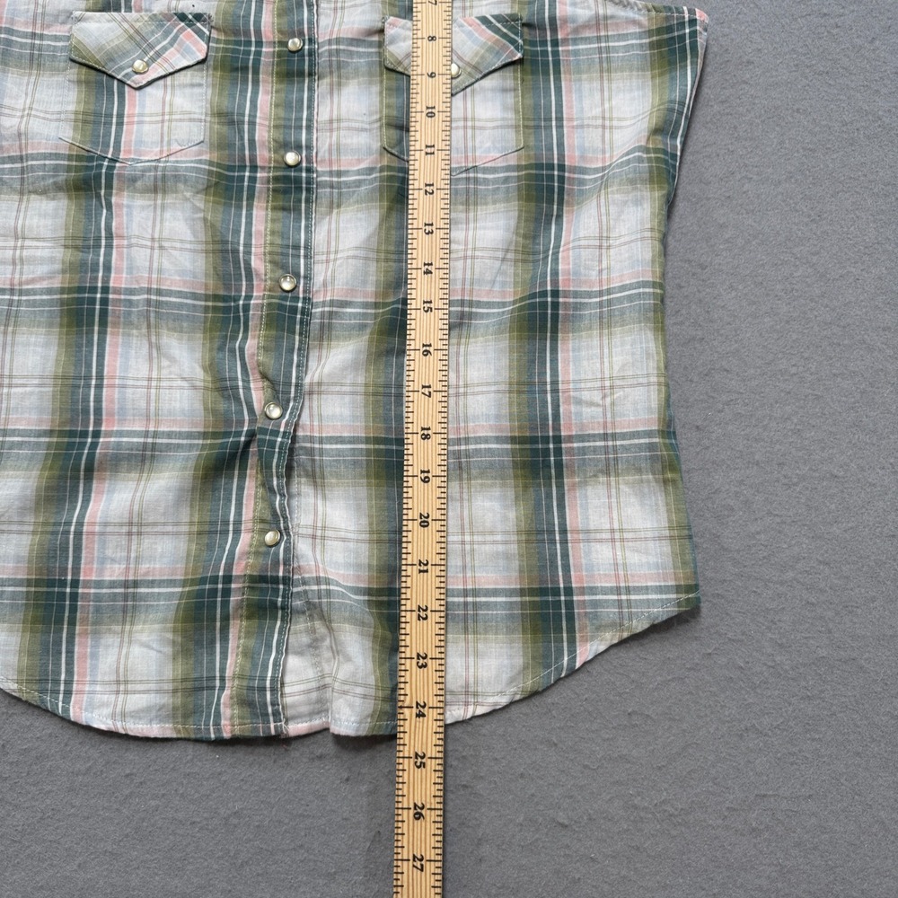 Wrangler Wrancher Shirt Women's Medium Green Plaid Pearl Snap Sleeveless Classic - Picture 4 of 7